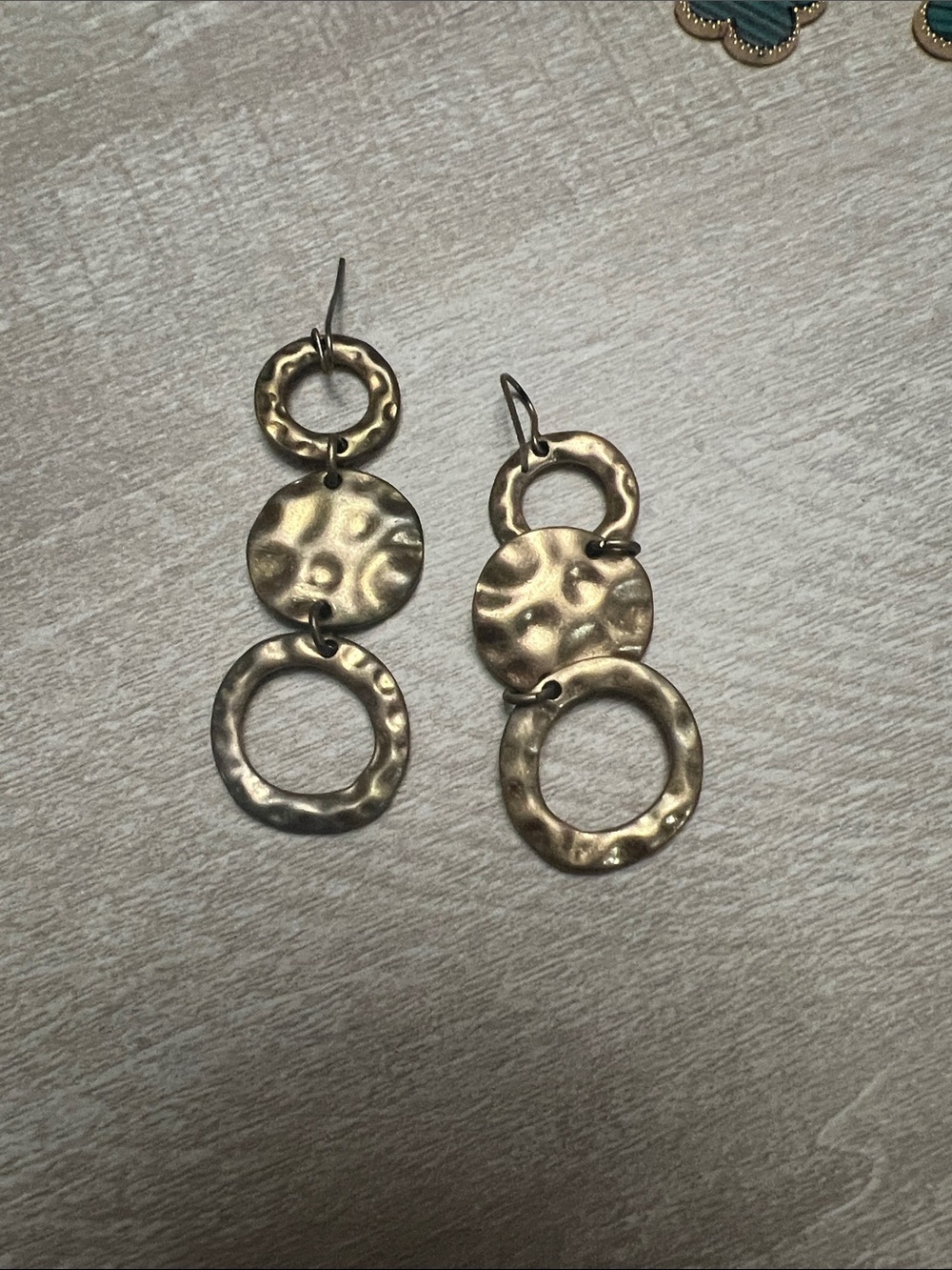 Hammered Triple Circle Drop Earrings - Gold Tone